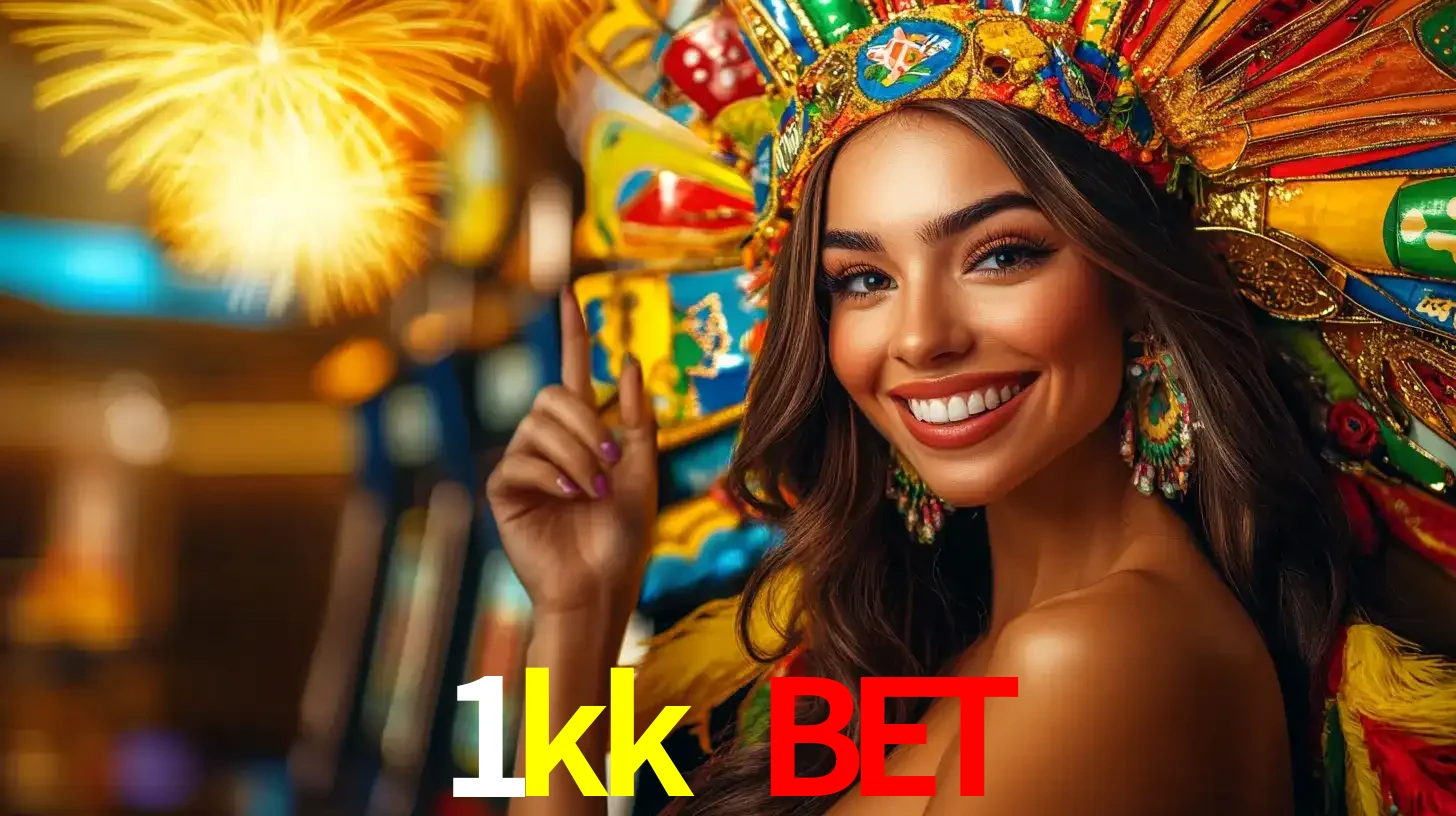 Mulher sorridente com um cocar de carnaval vibrante e colorido, celebrando uma grande vitória nos jogos do cassino 1kk bet com fogos de artifício ao fundo.