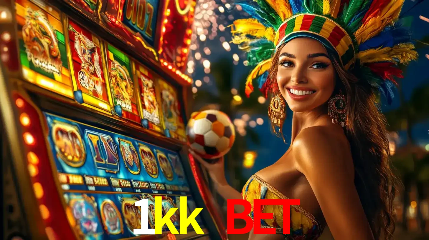 Mulher com um cocar de carnaval ao lado de uma máquina de caça-níqueis enquanto segura uma bola de futebol, mostrando a união da diversão de cassino e esportes no 1kk bet.