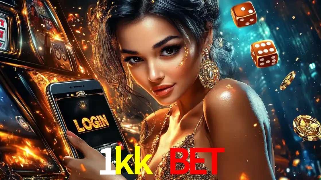 Mulher glamourosa segurando um celular com a tela de login do cassino 1kk bet, rodeada por dados e moedas douradas, pronta para começar a diversão.