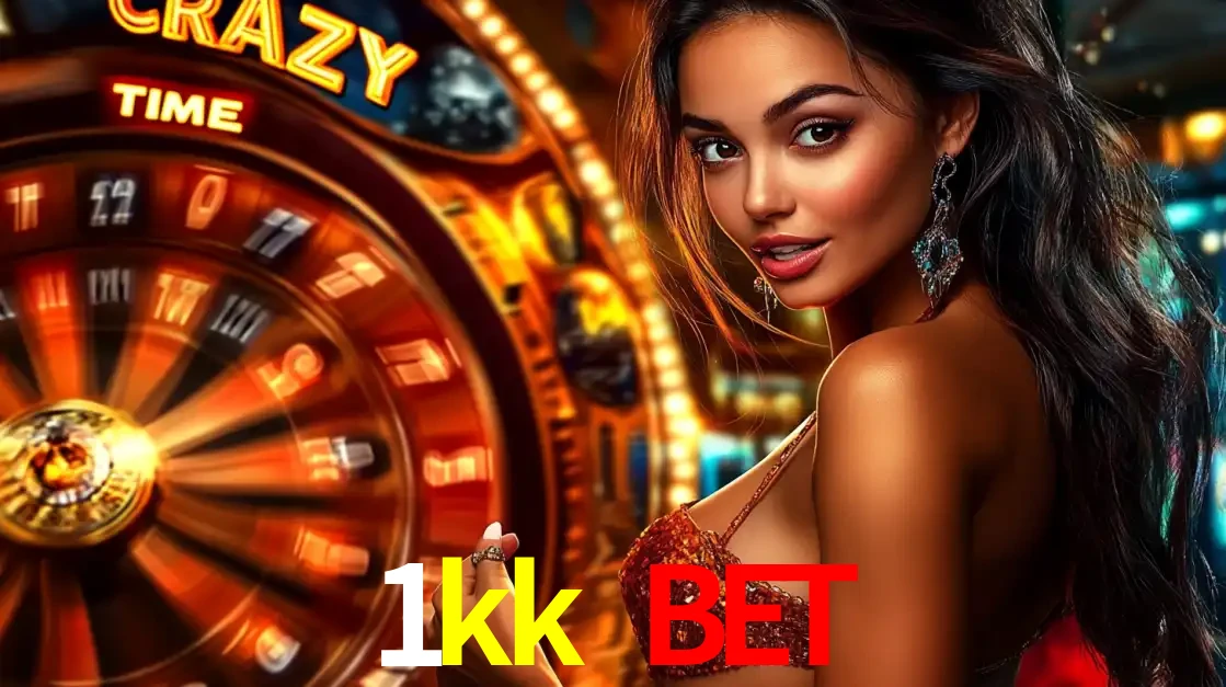 Mulher ao lado da roda de prêmios do jogo de cassino ao vivo Crazy Time, um dos shows de jogos mais emocionantes oferecidos pela plataforma de apostas 1kk bet.
