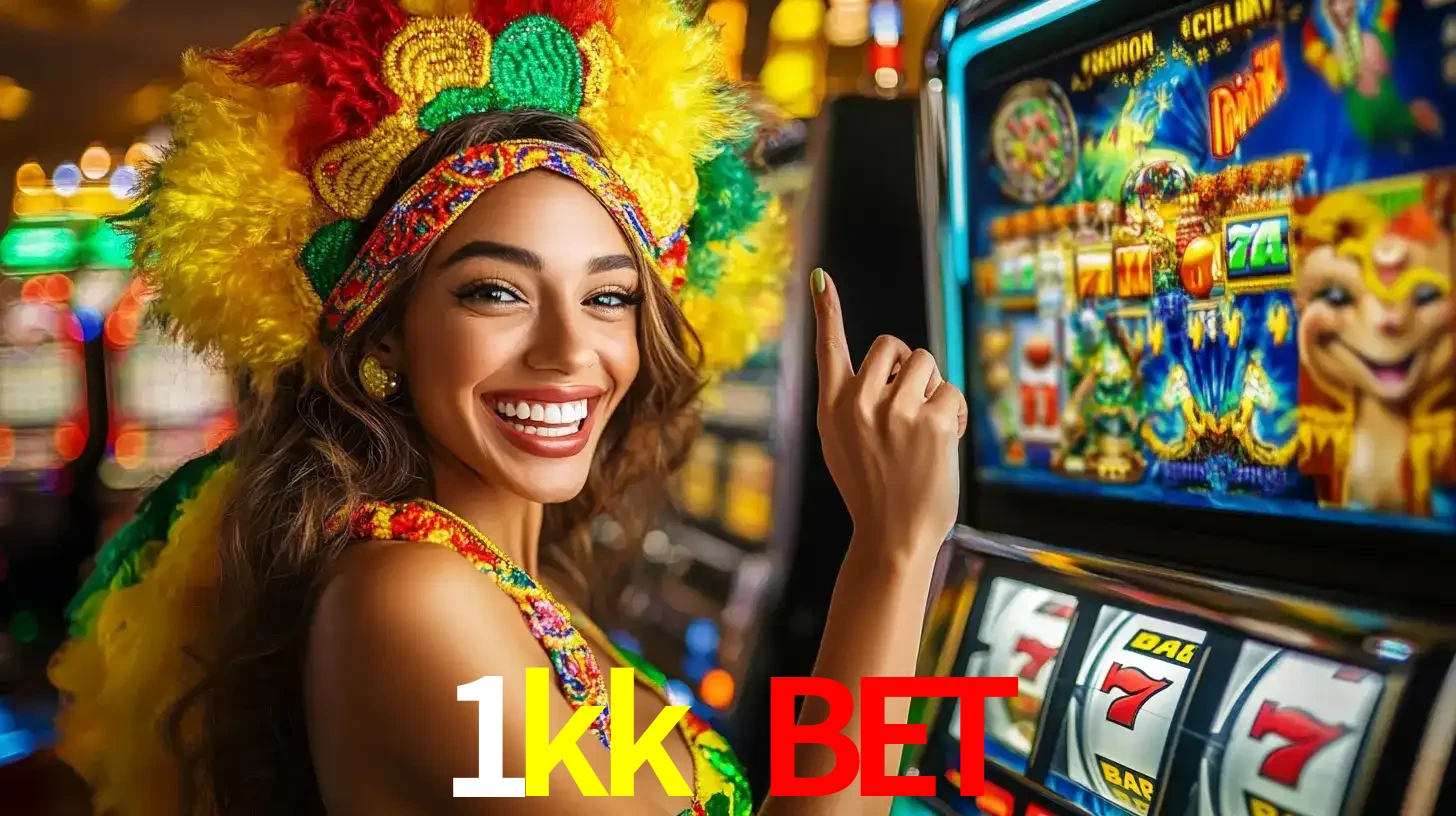 Mulher animada com um cocar de carnaval apontando para uma máquina de caça-níqueis, mostrando a emoção de ganhar um grande prêmio nos jogos do 1kk bet.