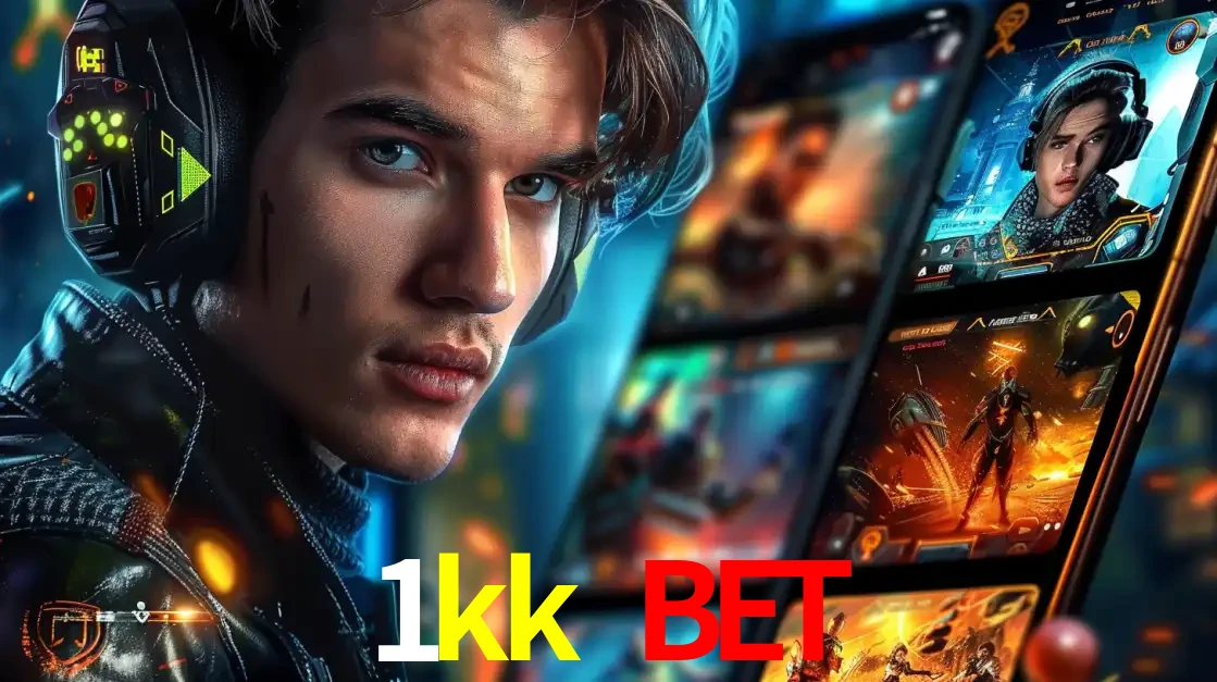 Jovem jogador com fones de ouvido olhando para a câmera, com um aplicativo de jogos e e-sports para celular ao fundo, pronto para a competição e apostas no 1kk bet.