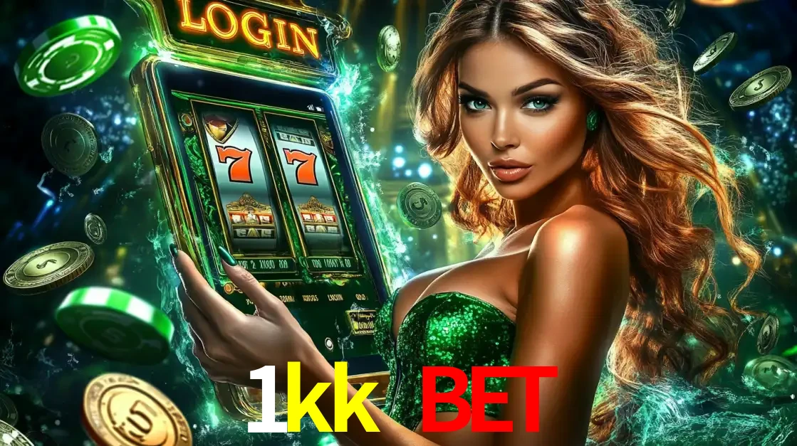 Mulher com tema verde apresentando o aplicativo do cassino 1kk bet com um jogo de slot de 777, cercada por fichas de cassino e uma aura de sorte.