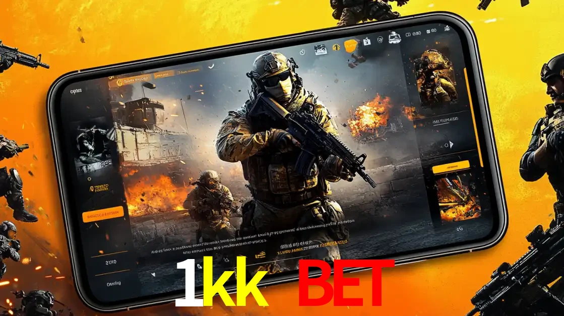 Um smartphone exibindo a interface de um jogo de tiro em primeira pessoa, com um soldado em um cenário de batalha, representando a ação dos e-sports para apostar no 1kk bet.
