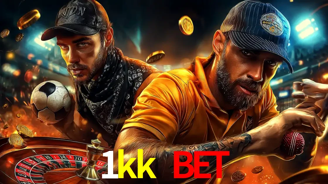 Montagem de apostas esportivas e cassino no 1kk bet, com um homem segurando uma bola de futebol e outro uma de beisebol sobre uma roleta e moedas voadoras.