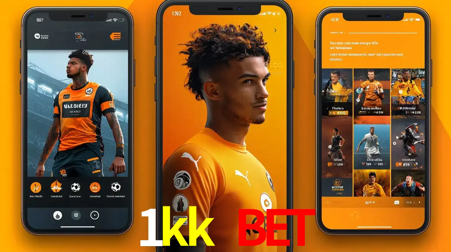Interface do aplicativo de apostas esportivas 1kk bet em três telas de celular, mostrando o perfil de um jogador de futebol e a lista de jogos disponíveis para apostar.