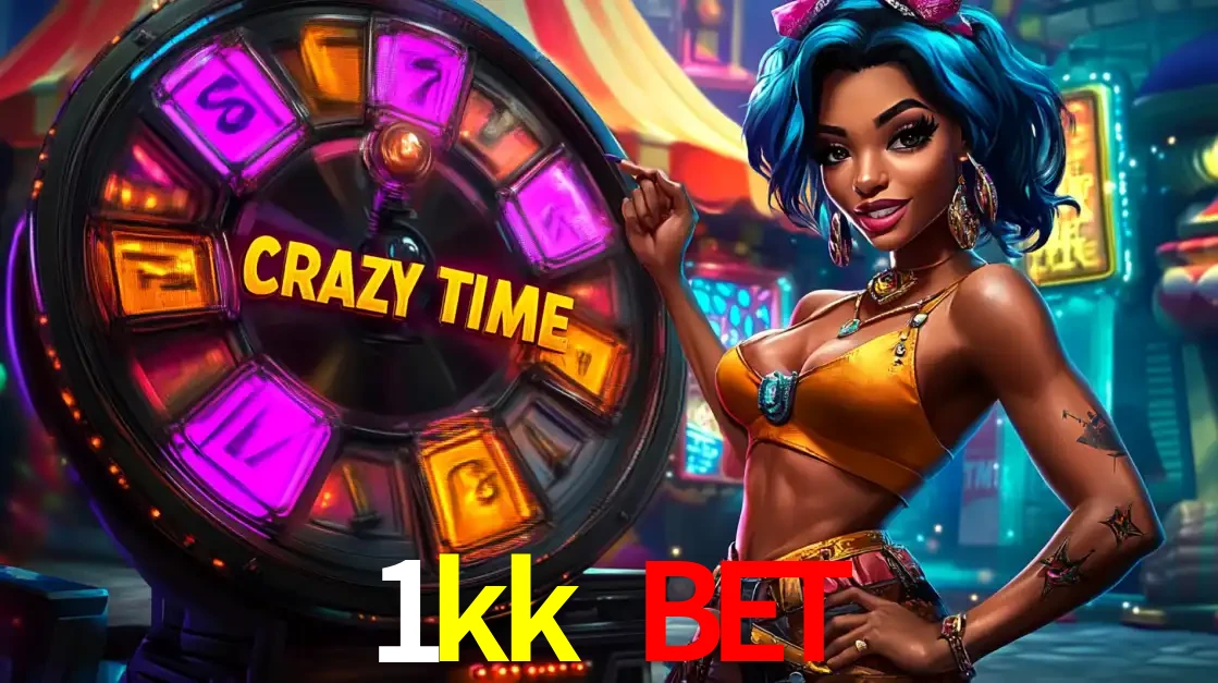 Mulher estilizada com cabelo azul e visual vibrante posando ao lado da roda de prêmios do game show Crazy Time, convidando para a diversão e os bônus do cassino 1kk bet.