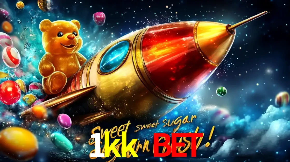 Arte promocional do jogo de slot Sugar Rush, com um urso de pelúcia em um foguete viajando pelo espaço de doces, um dos jogos divertidos disponíveis no cassino 1kk bet.
