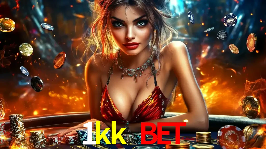 Mulher em uma mesa de cassino com pilhas de fichas e um fundo de fogo, pronta para uma rodada de altas apostas nos jogos de mesa emocionantes do cassino 1kk bet.