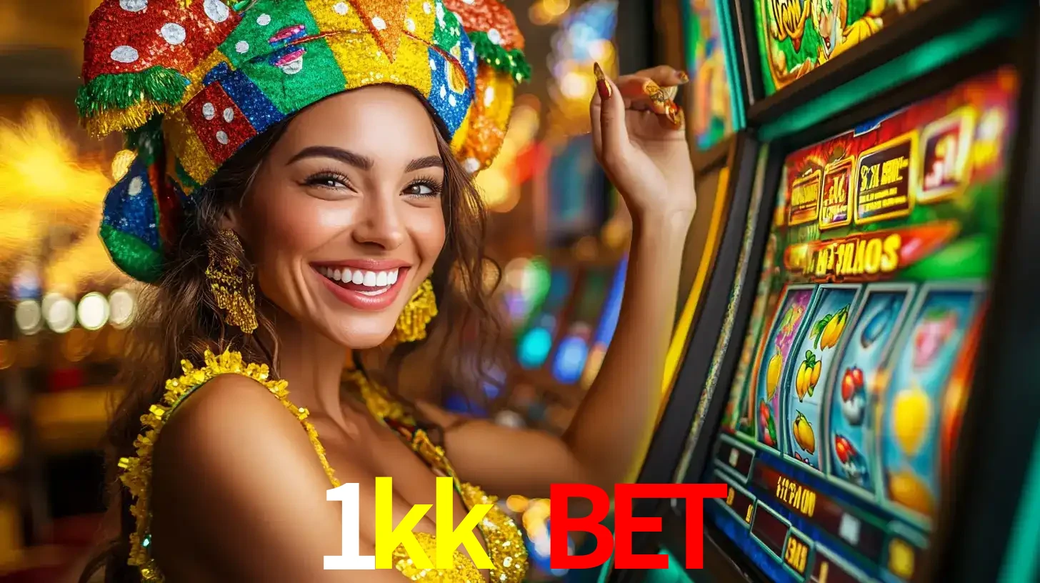 Mulher feliz com traje de carnaval amarelo e colorido ao lado de uma máquina de caça-níqueis, aproveitando a diversão e os jogos temáticos do cassino 1kk bet.