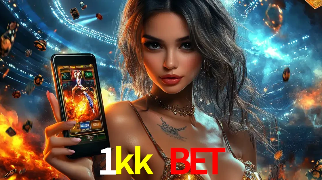 Mulher segurando um celular com um jogo de slot em destaque, tendo como fundo um estádio vibrante, simbolizando a emoção de jogar no cassino móvel 1kk bet.