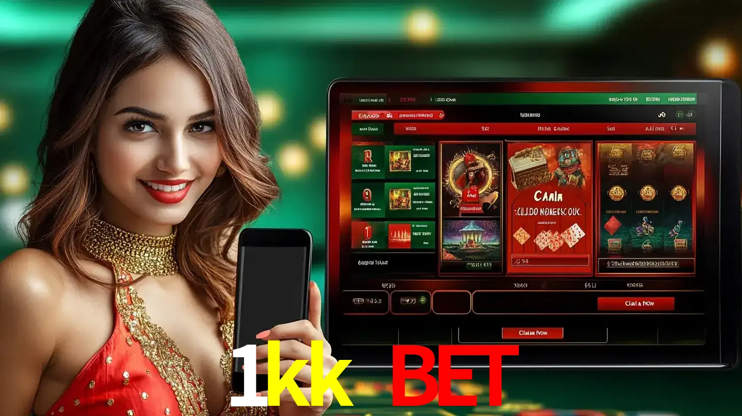 Mulher sorridente segurando um smartphone, ao lado de uma tela exibindo o lobby de jogos do cassino online 1kk bet, com várias opções de jogos de cartas e slots.